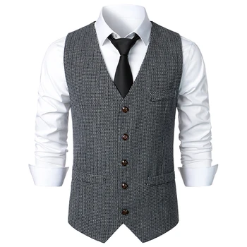 Vyriška retro stiliaus liemenė Vintažinis pledas Verslo kostiumo liemenė Mygtukas žemyn Berankovės viršūnės tamsiai pilkos/mėlynos/kavos
