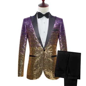 Vyrų mada Laipsniškas spalvos keitimas Blizgūs blizgučiai 2 dalių komplektai Kostiumai Vyrų vakarėlis Vestuvinė suknelė Smokingo kostiumas Švarkas+Kelnės Komplektai Kostiumas