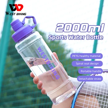 WEST BIKEKING Sportinis vandens butelis Didelės talpos 2000ML PETG Maistinio lygio silikono sportinis nuotėkiui atsparus nešiojamas puodelis Dviračių priedai