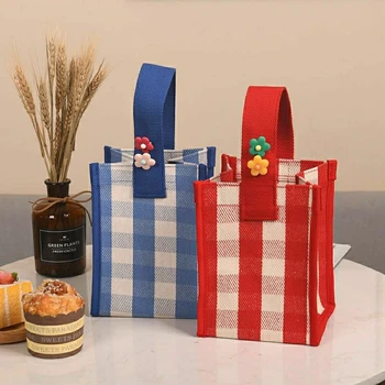 Women Storage Handbag Canvas Lunch Box Food Package Ins Fashion Grid Portable Shopping High-capacity Splicing Red Blue Khali