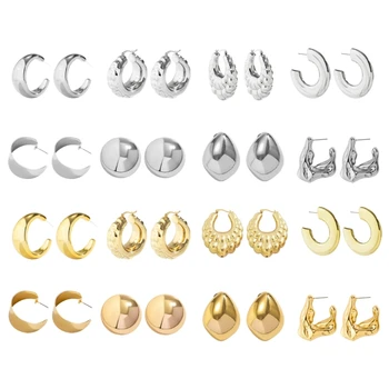 Y4QE Thick Open Twisted Huggie Hoops-Earring Lightweight Chunky-Hoop-Earrings Gold